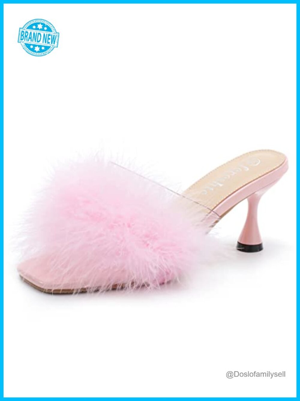 Kitten Heel Mule Sandals Square Open Toe Slip On Fluffy Fur PVC